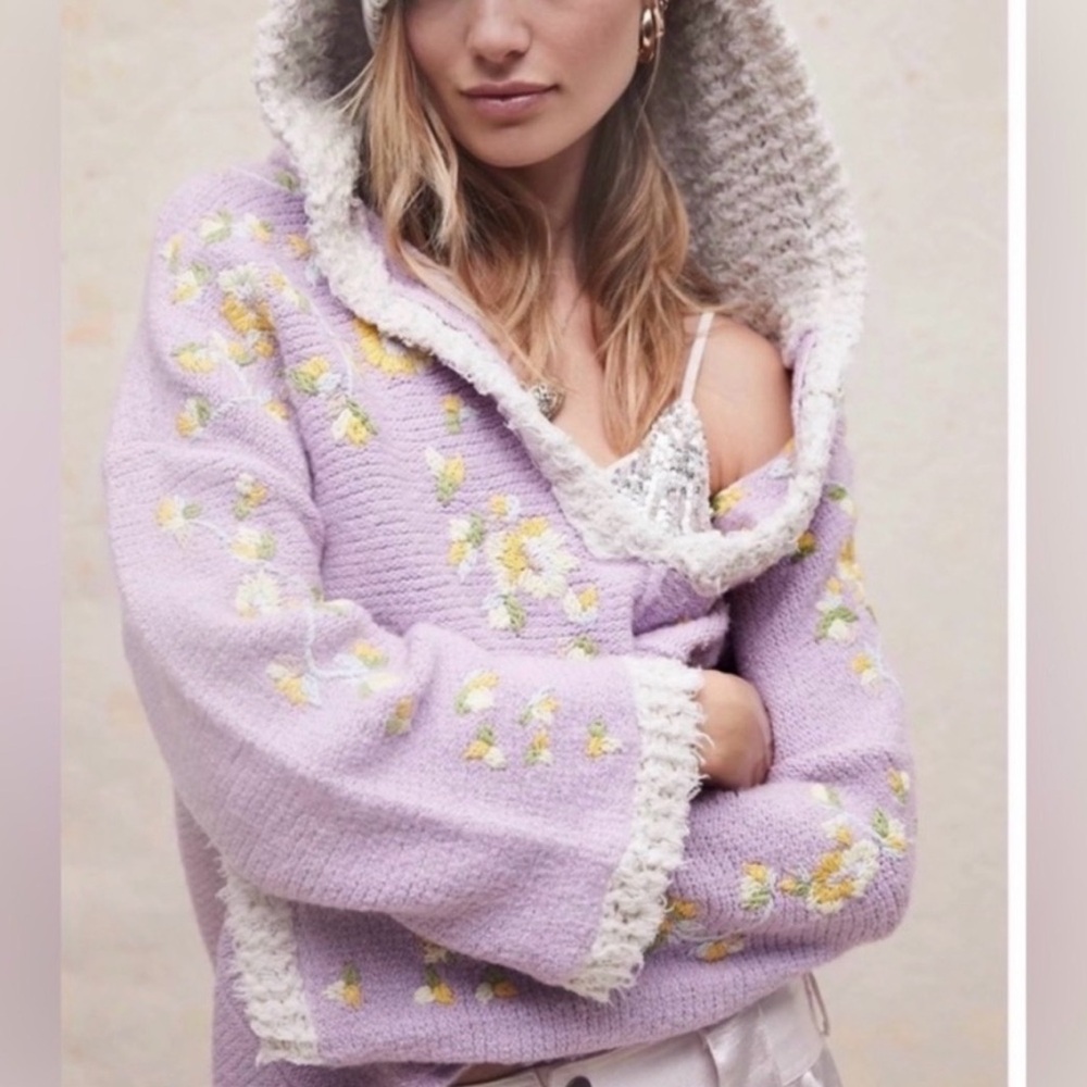 Free People Lavender Off-Shoulder Floral Knit Hoodie - Picture 2 of 4
